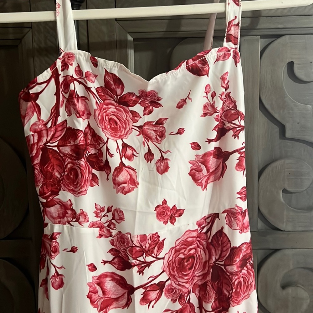 Red and white long dress never worn floral